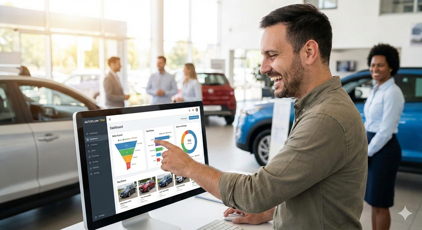 Dashboard CRM9 em uso em uma loja de veiculos